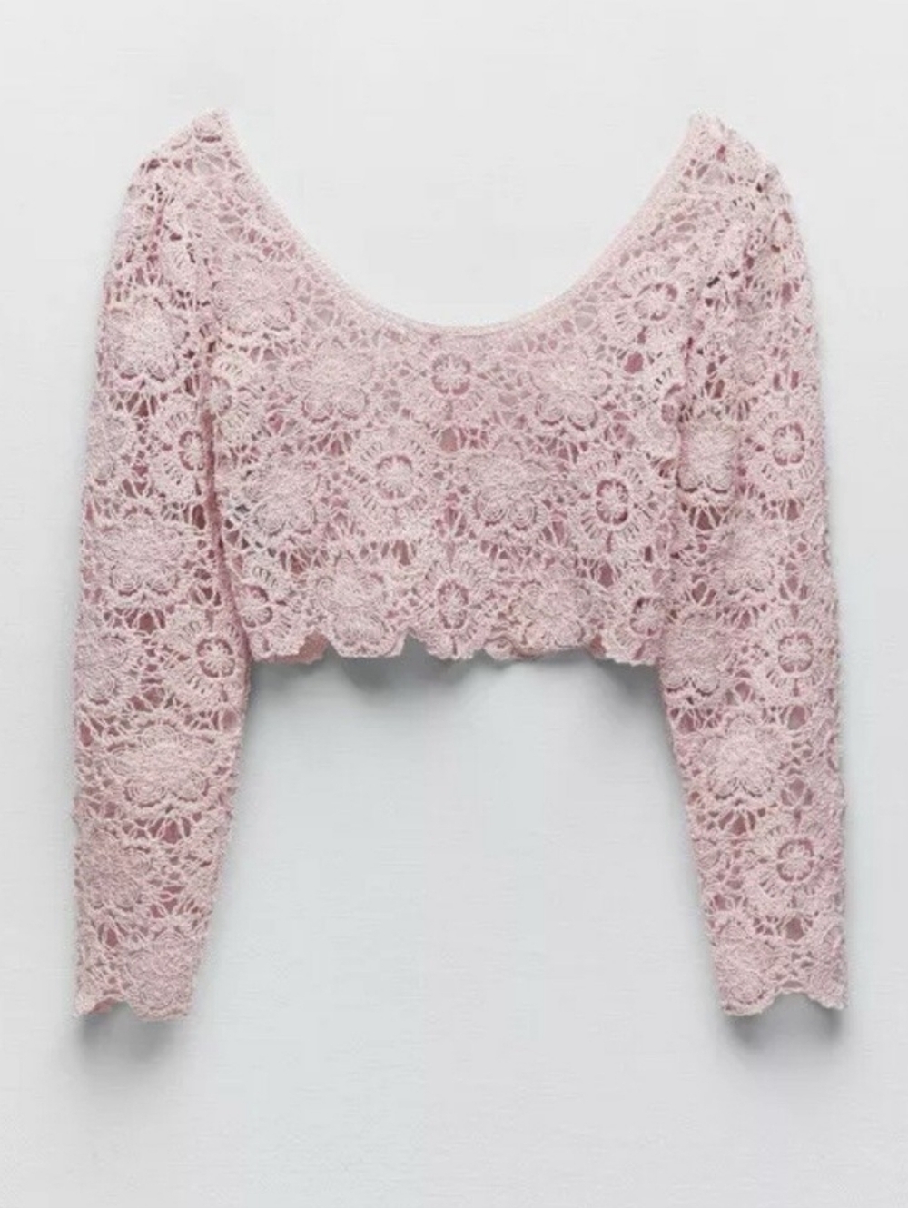 Zara Pastel Baby Pink Cropped Crochet Lace Flower Long-Sleeve Blouse
